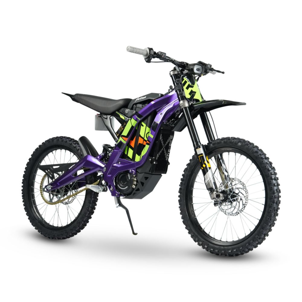 Surron Light Bee X purple electric dirt bike angled view high performance off-road e-bike