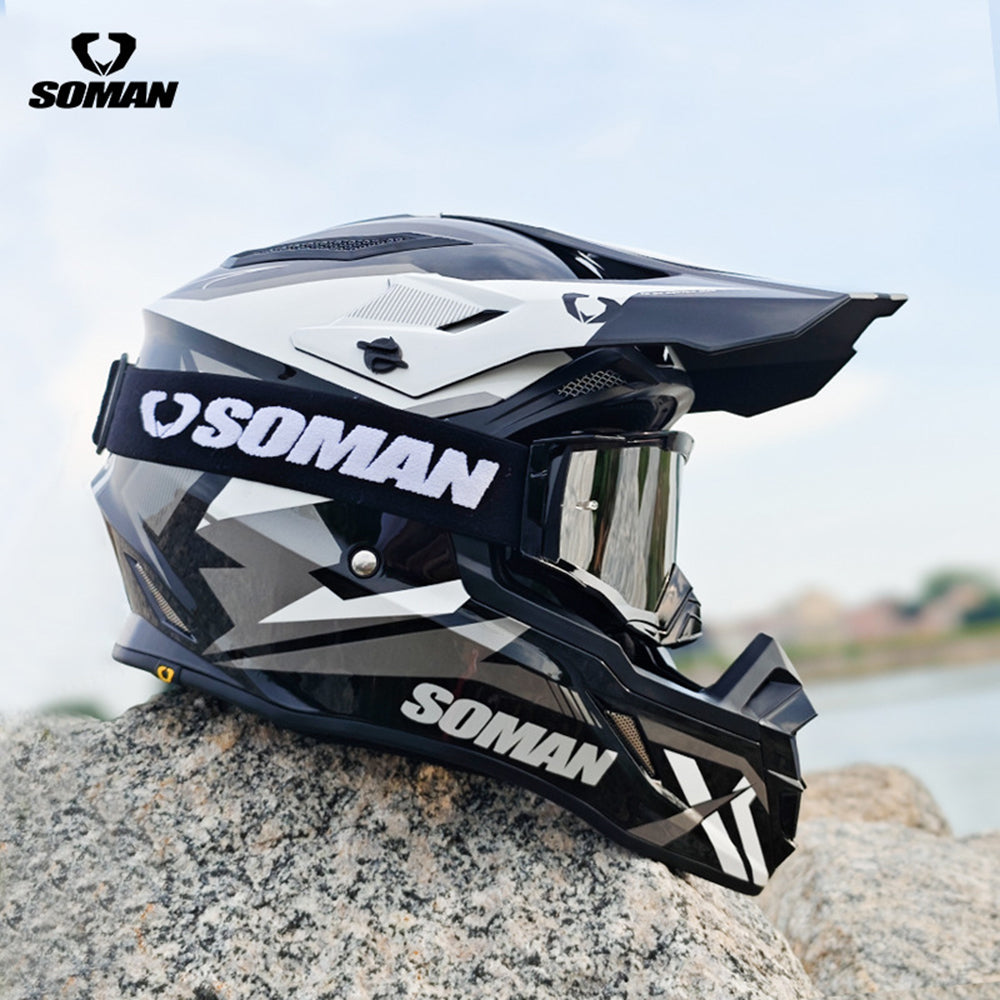 Soman M11 Off-Road Motorcycle Helmet in Black and White with SOMAN Logo