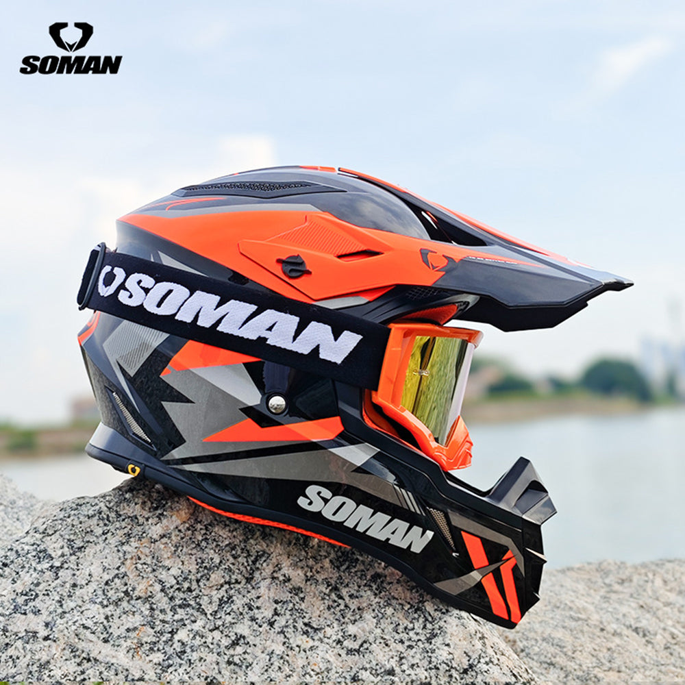 Soman M11 Off-Road Motorcycle Helmet in Black and Orange with SOMAN Logo