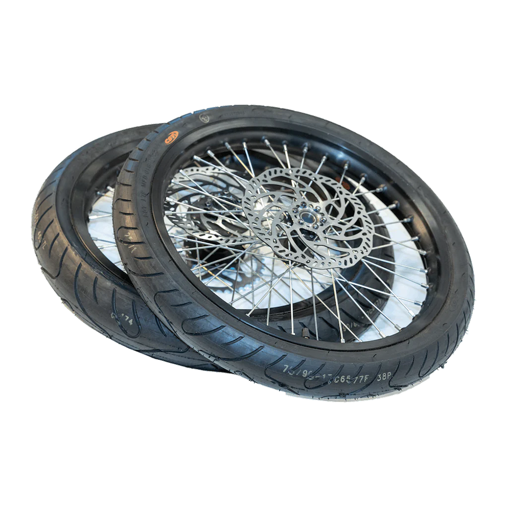 Sur Ron supermoto kit with pre-assembled wheels, road tires, and disc brakes for quick and easy installation