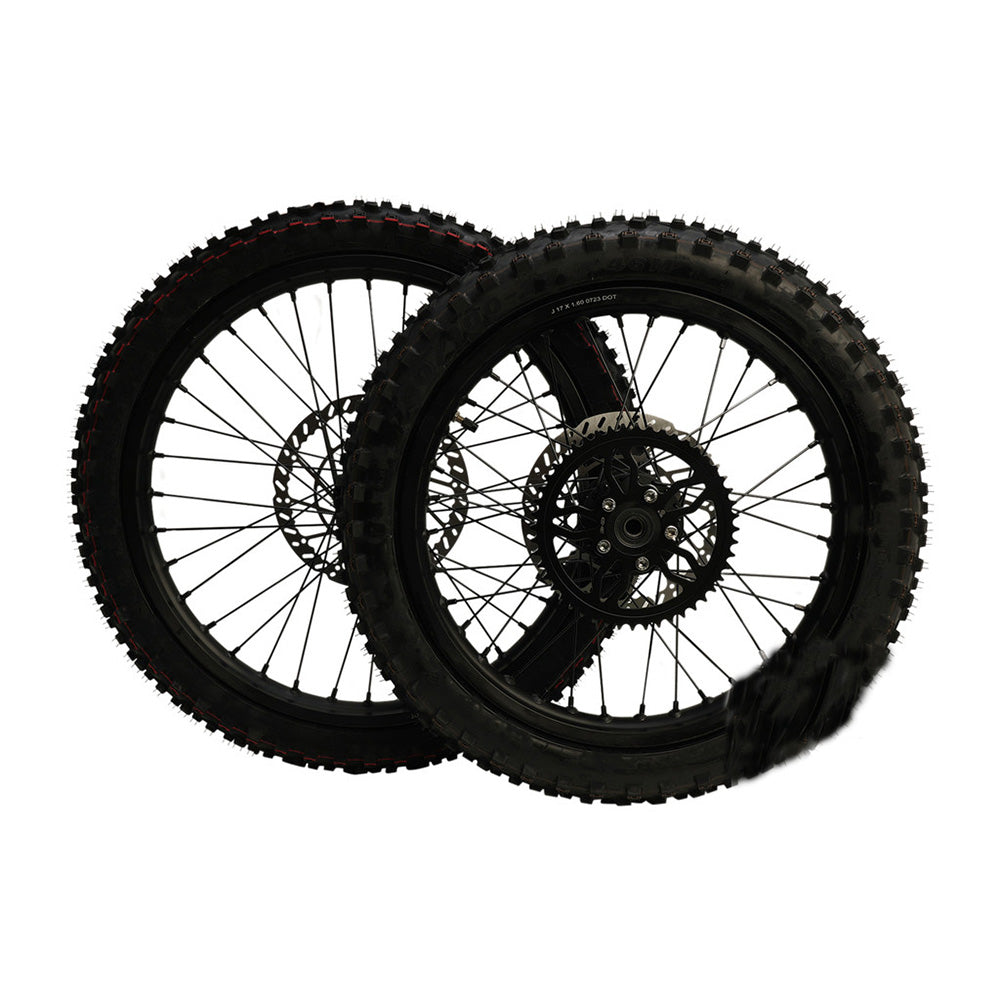 Off-road tires for Talaria XXX electric dirt bike, featuring aggressive tread pattern and durable rims for enhanced trail grip and performance