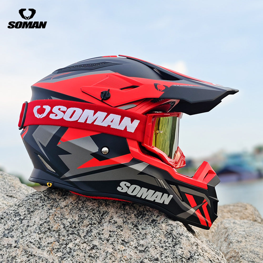 Soman M11 Off-Road Motorcycle Helmet in Black and Red with SOMAN Logo