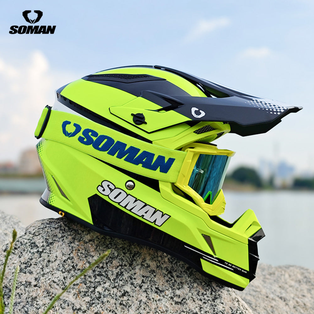 Soman M11 Off-Road Motorcycle Helmet in Fluorescent Yellow with Blue SOMAN Logo