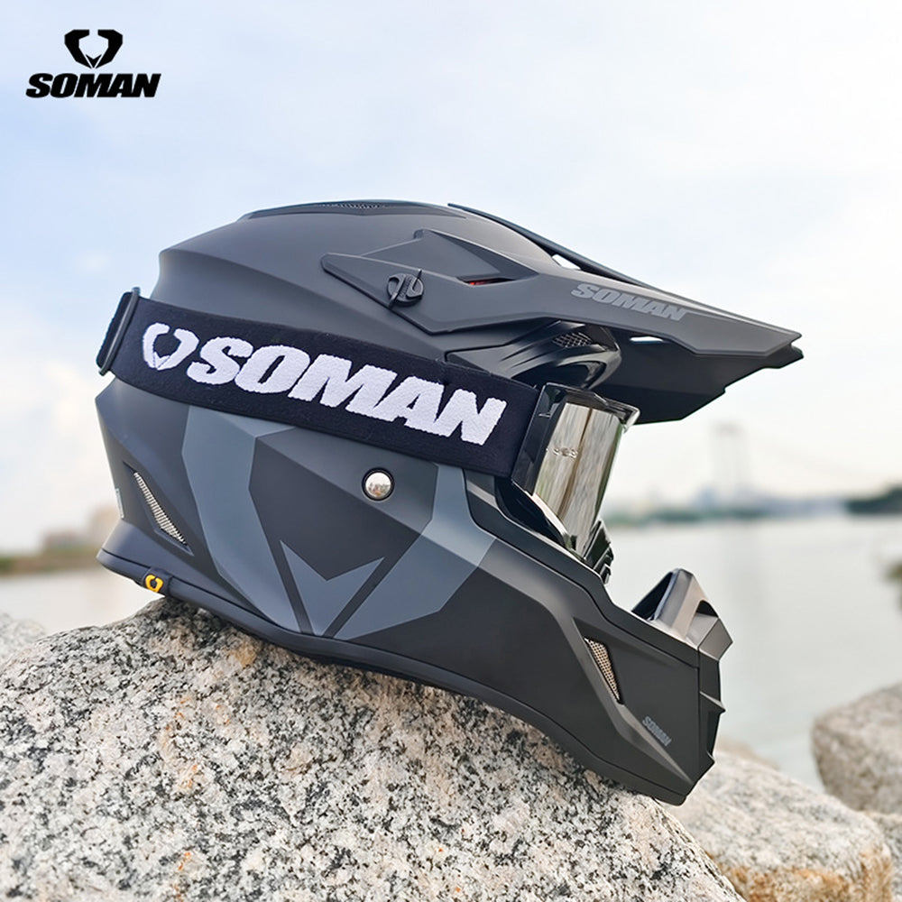 Soman M11 Off-Road Motorcycle Helmet in Matte Black and Gray with SOMAN Logo