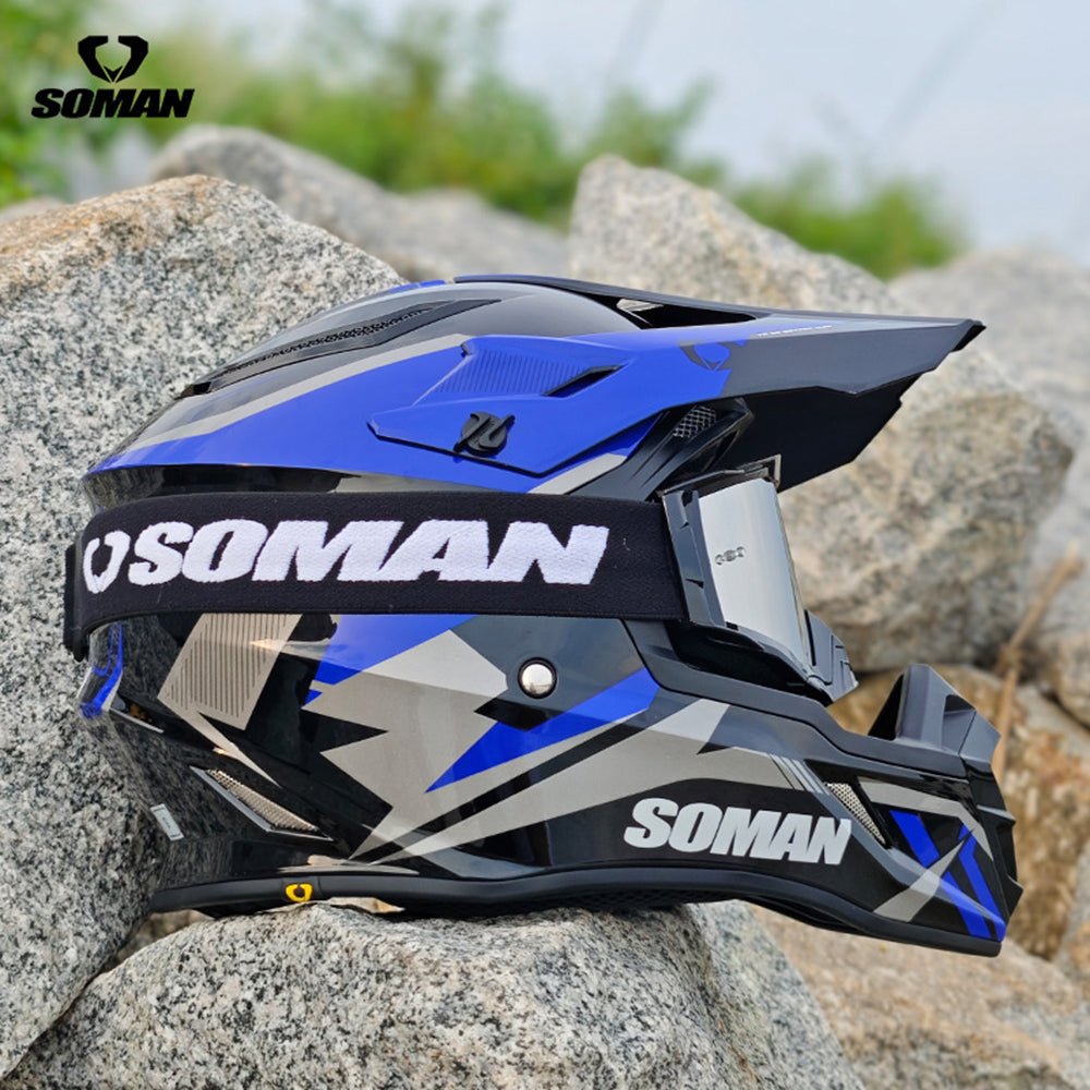 Soman M11 Off-Road Motorcycle Helmet in Black and Blue with SOMAN Logo