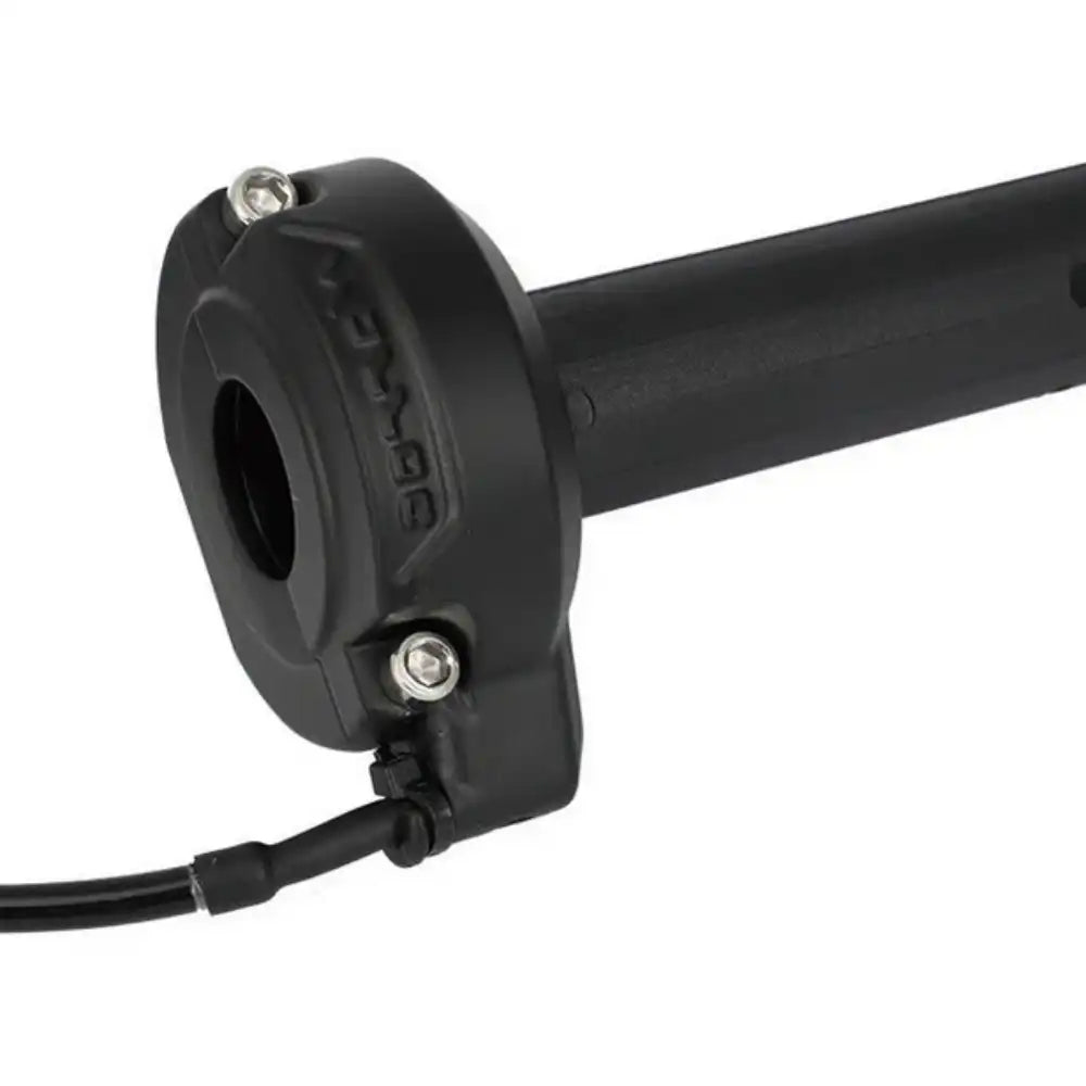 Full view of a black throttle for an electric motorcycle, including the grip and wiring attachment, ready for installation