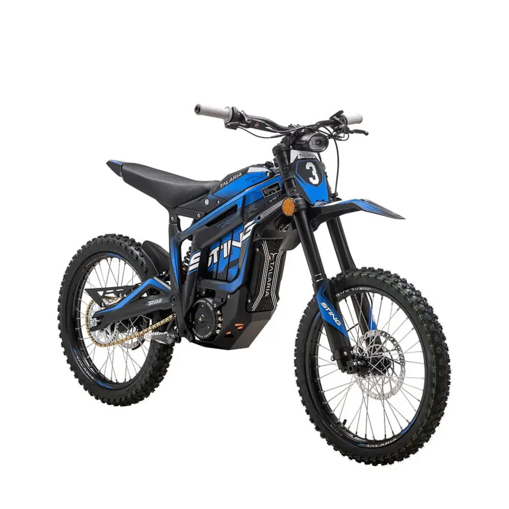 Talaria Sting R MX4 electric off-road bike in blue, featuring a rugged design, IPM motor, and robust tires for trail and dirt track riding