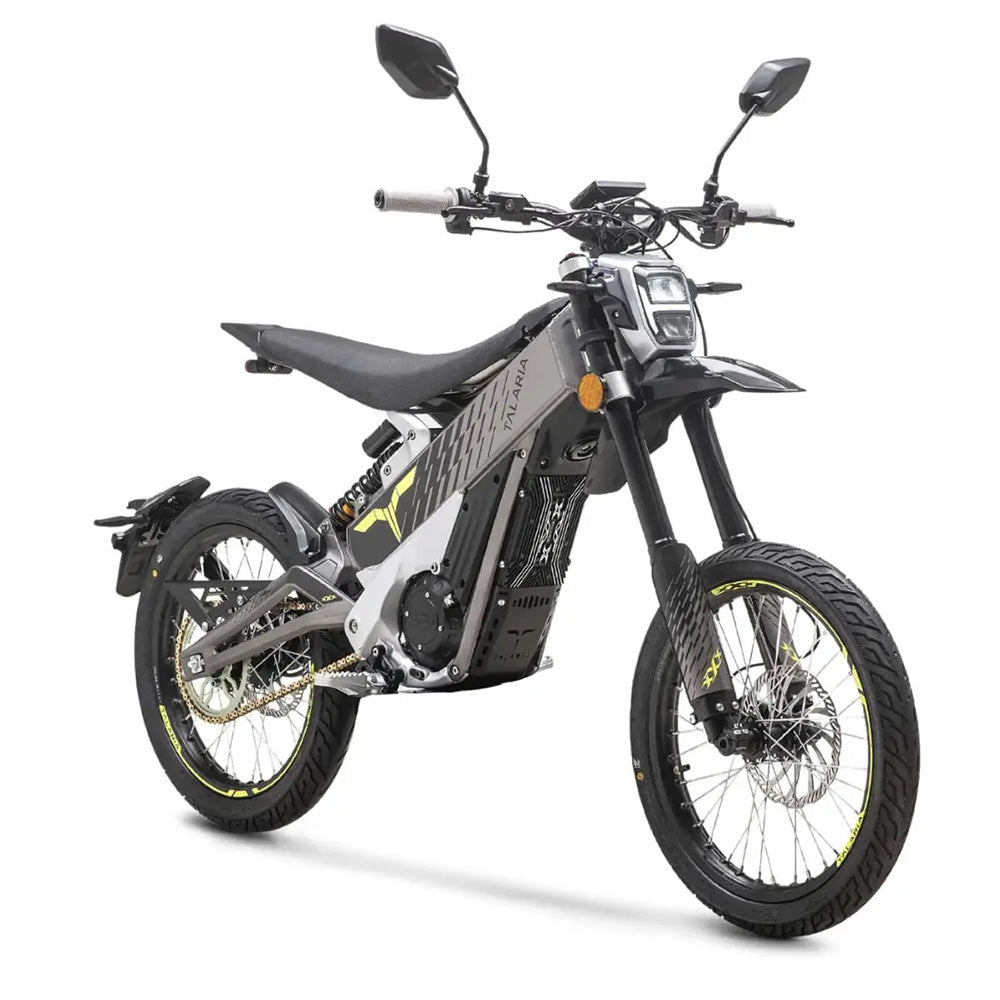 Talaria XXX electric dirt bike on a white background, featuring off-road tires, dual mirrors, and a powerful design for extreme riding