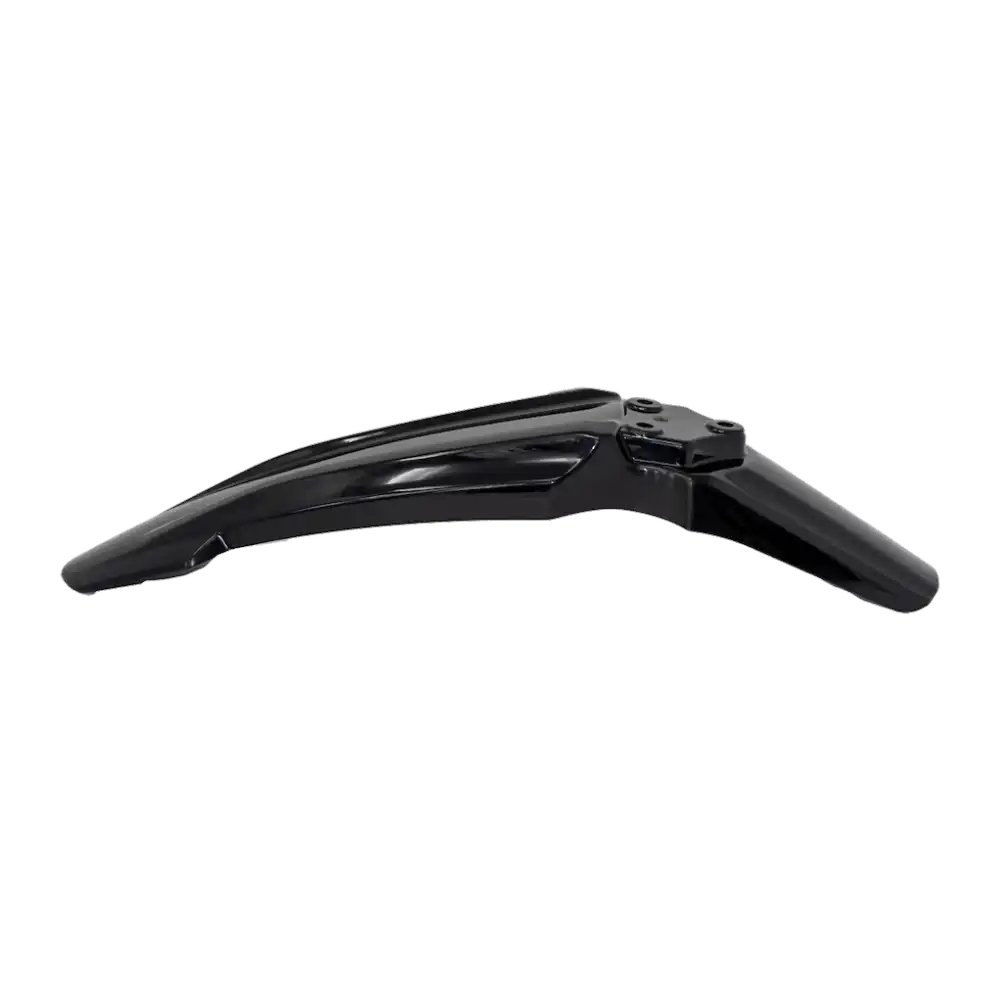 Top view of a black Surron X front fender, showcasing the detailed design that fits the DNM/KKE fork assembly.