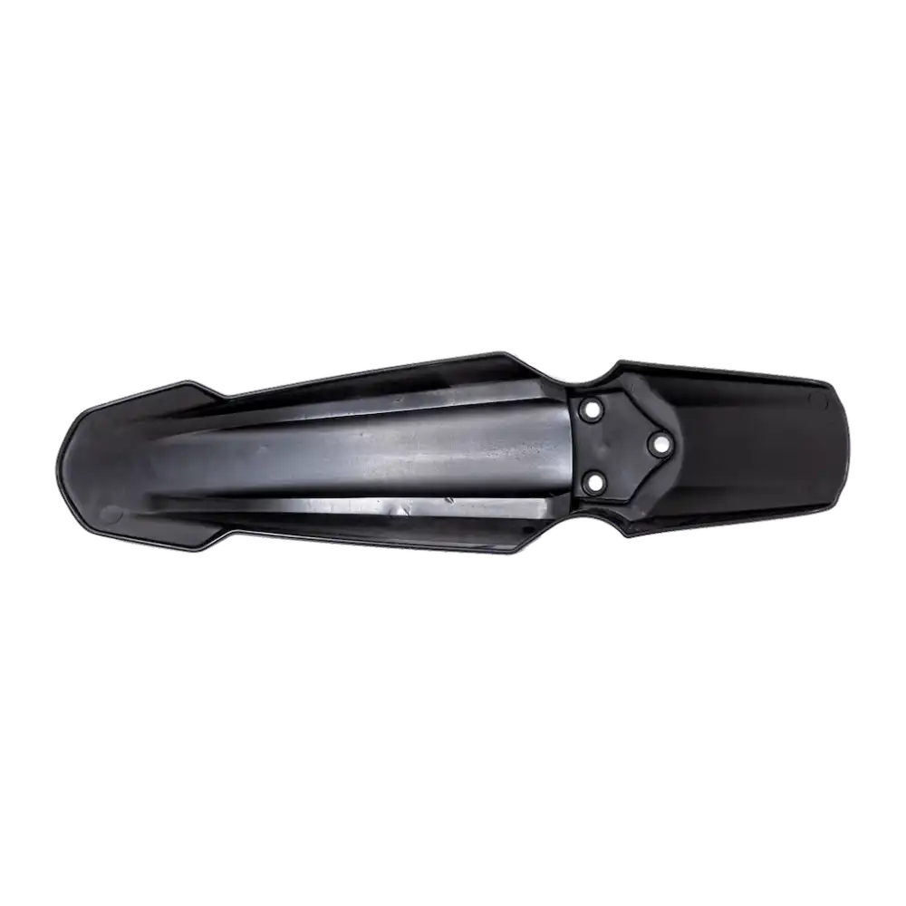 Side profile of the black front fender for the Surron X, highlighting its curved, aerodynamic shape and attachment points