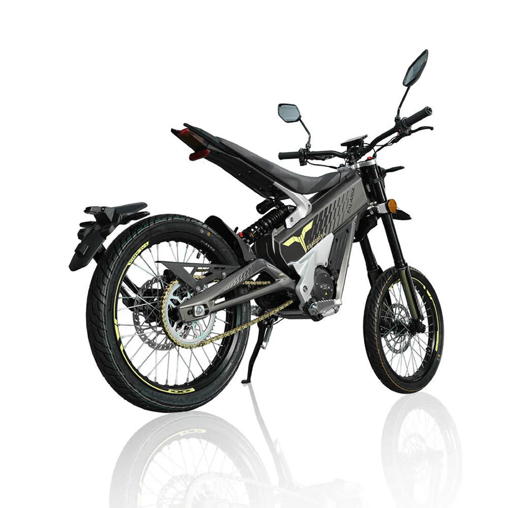 Talaria XXX electric dirt bike rear view on white background, showcasing advanced suspension, dual mirrors, and off-road performance tires